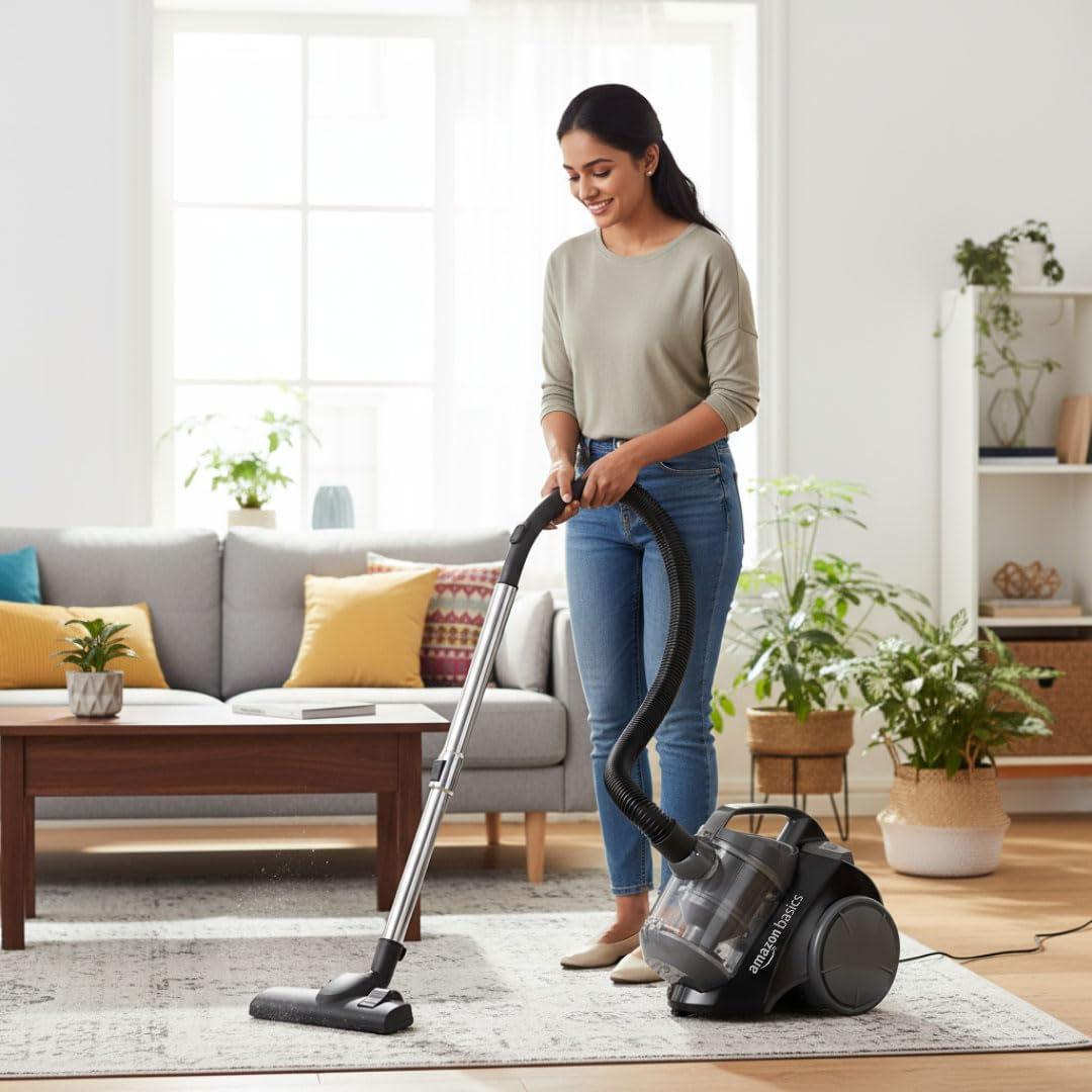 AmazonBasics Cylinder Bagless Vacuum Cleaner with Power Suction, Low Sound, High Energy Efficiency and 1 Years Warranty (2L, Black)