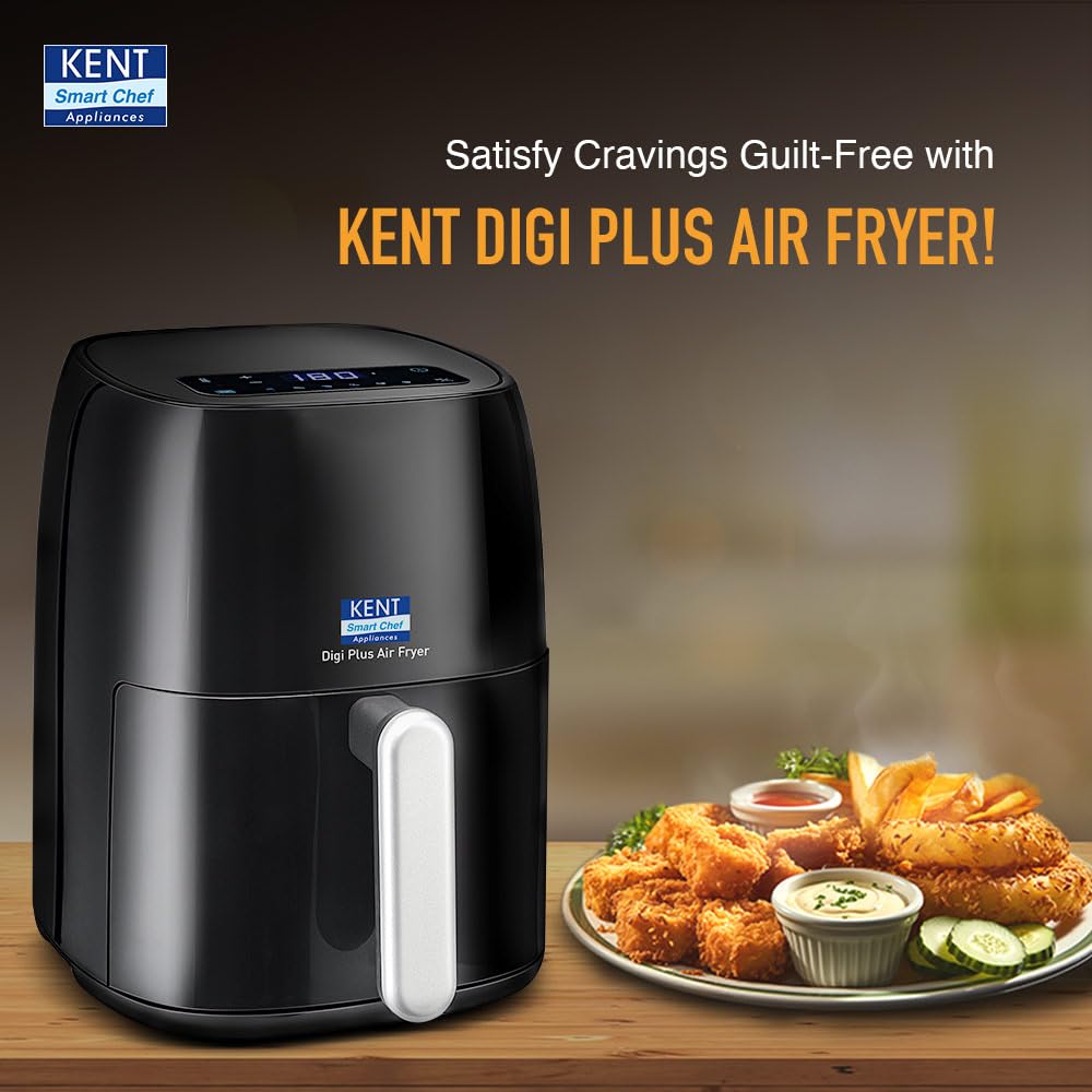 KENT Digi Plus Air Fryer | 4L Capacity & 1300W | Fry, Grill, Roast & Bake | Digital Display & Touch Control Panel | Rapid Heating | 80% Less Oil Usage | High Temperature & Uniform Heating | Black