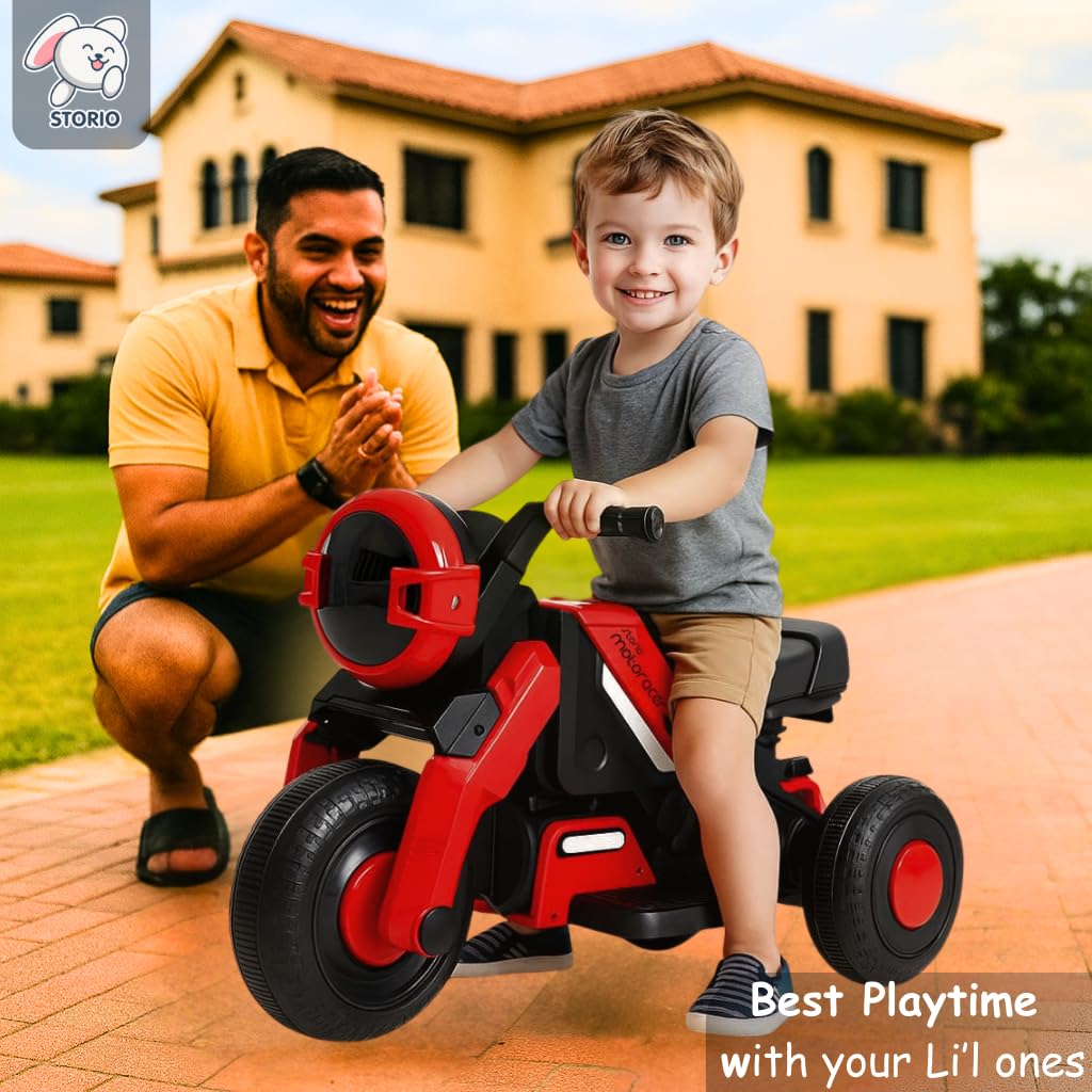 Storio Red Battery Ride-on Bike for Kids – Electric Motorcycle with Support Wheels, Music, LED Lights, Headlight, Rechargeable Battery, Smooth Ride.