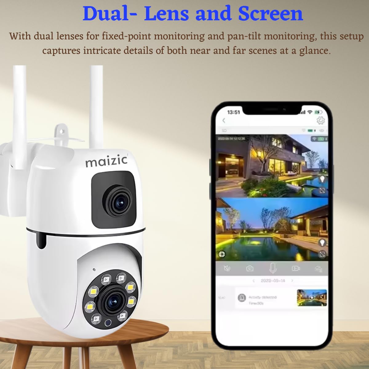 Maizic Smarthome Dual Lens 5+5 MP WiFi Security Camera Pack (2-Pack) – Indoor/Outdoor Wireless Home Surveillance, Night-Vision, Motion & Sound Detection, Two-Way Audio, Cloud & Micro-SD
