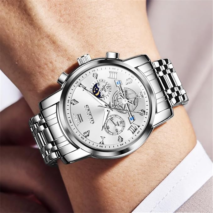 OLEVS Mens Chronograph Watch Gold Silver Stainless Steel Chain Quartz Wrist Watches Business Dress Waterproof Luminous Date Watch