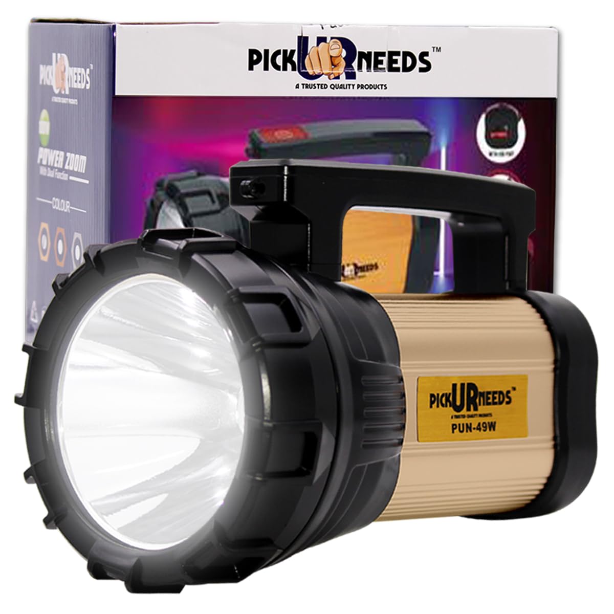 Pick Ur Needs Search LED Torch Light Long Range + Side Tube Emergency (Range 1 Km.) with Multi-Functional + Blinker Rechargeable Handheld Torch (Metal 100 Watt)1000 Lumen - Springkart 