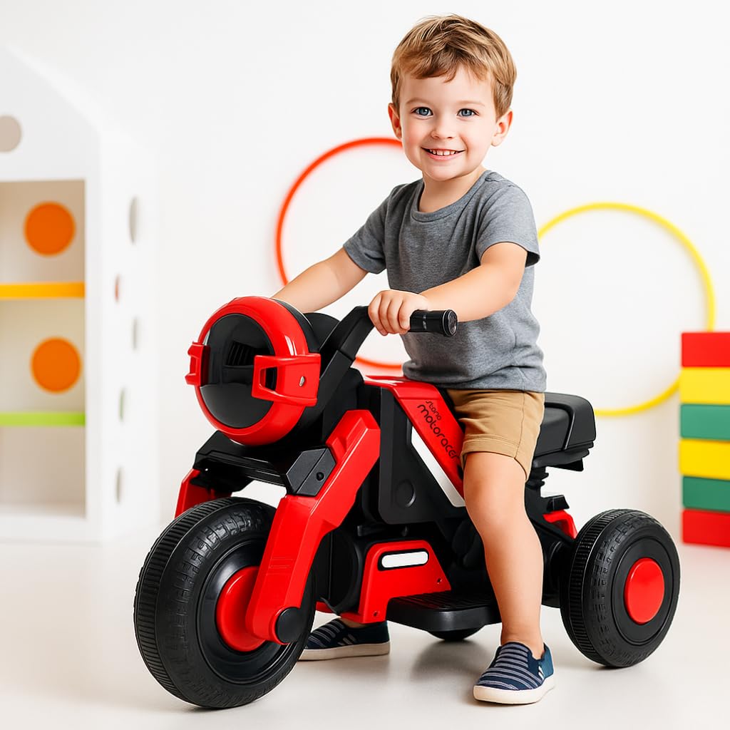 Storio Red Battery Ride-on Bike for Kids – Electric Motorcycle with Support Wheels, Music, LED Lights, Headlight, Rechargeable Battery, Smooth Ride.