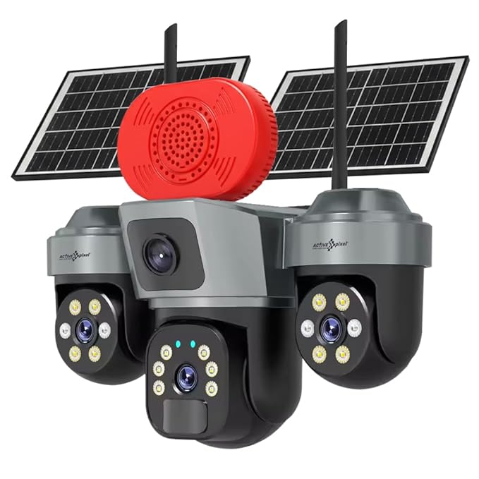 Active Pixel 4Mp Solar 4G SIM PTZ Security Camera | Triple Lens 360° Surveillance | Built-in Loud Alarm Siren | Motion Tracking | Color Night Vision | Wireless Outdoor CCTV – No Power, No Wires - G17