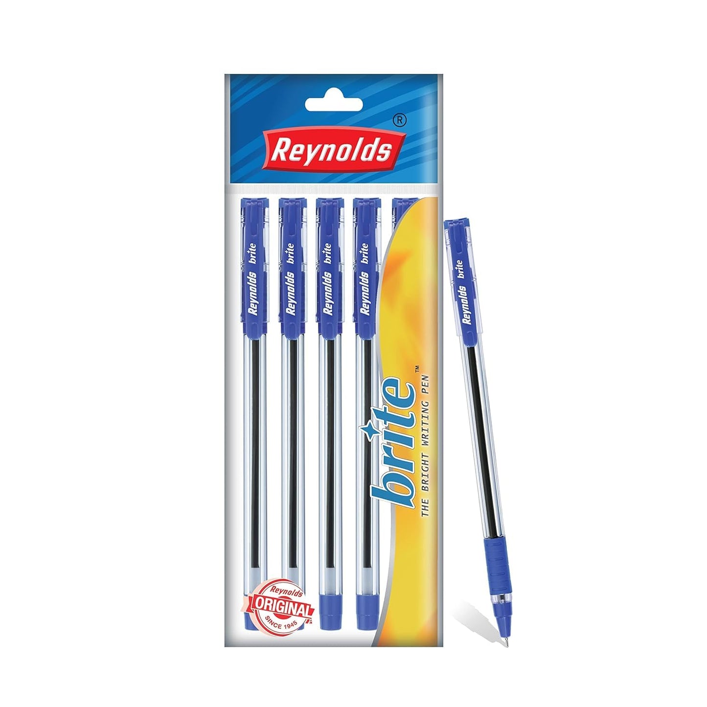 Reynolds BRITE Ball Pen SET - 25 BLUE PENS WITH COMFORTABLE GRIP | BALL PENS FOR WRITING | PEN FOR STUDENTS & OFFICE STATIONERY | 0.7 mm TIP SIZE - Springkart 