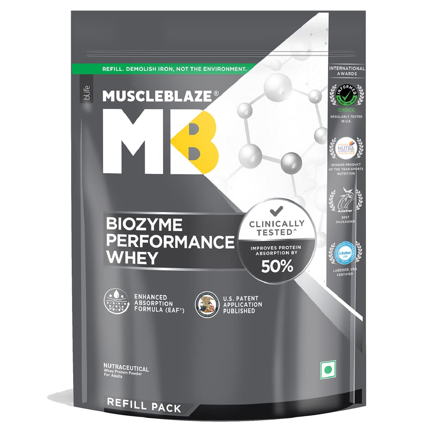 MuscleBlaze Biozyme Performance Whey Protein Powder, Chocolate Peanut Butter (2kg / 4.4lbs) | 25g Protein Per Scoop | Clinically Tested 50% Higher Protein Absorption
