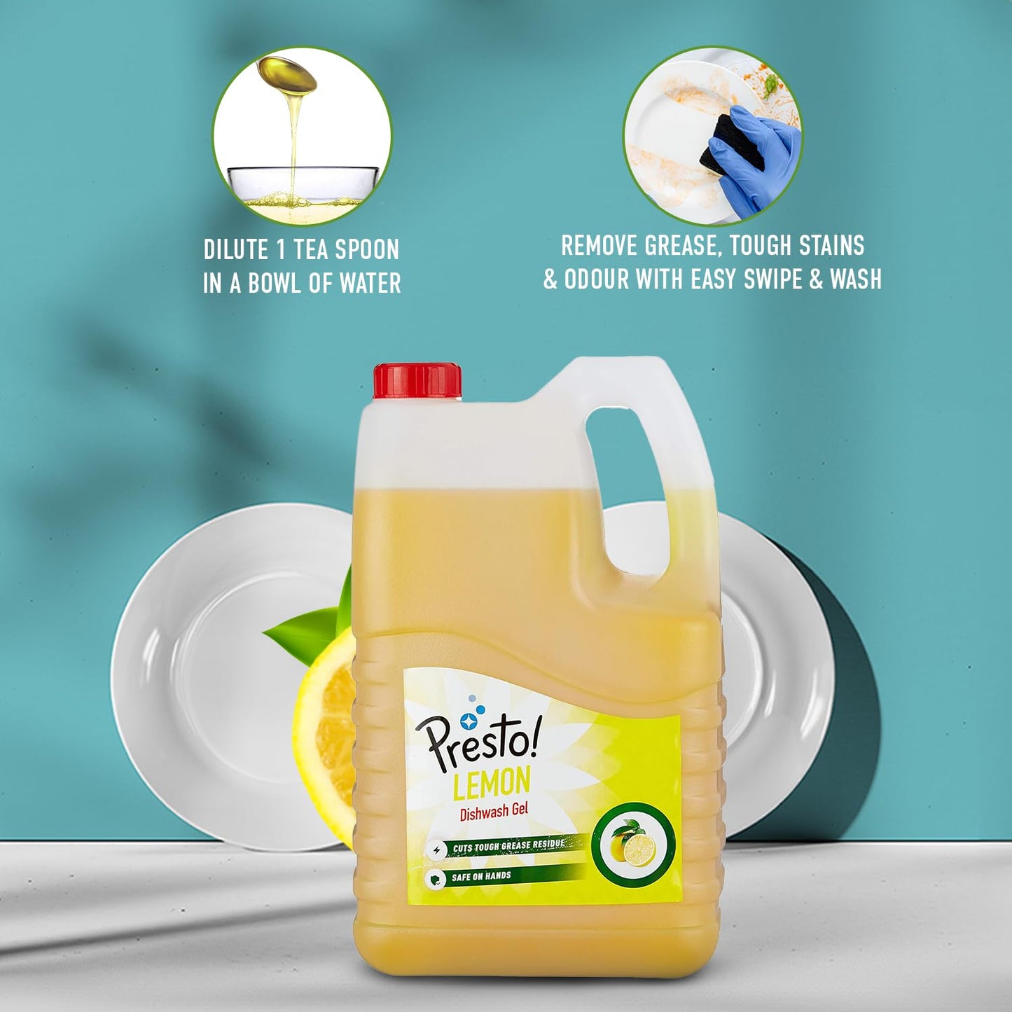Amazon Brand - Presto! Dishwash Gel | Lemon | 5 Litre Refill Can | Dishwash Liquid | Cuts Through Grease | Safe On Hands