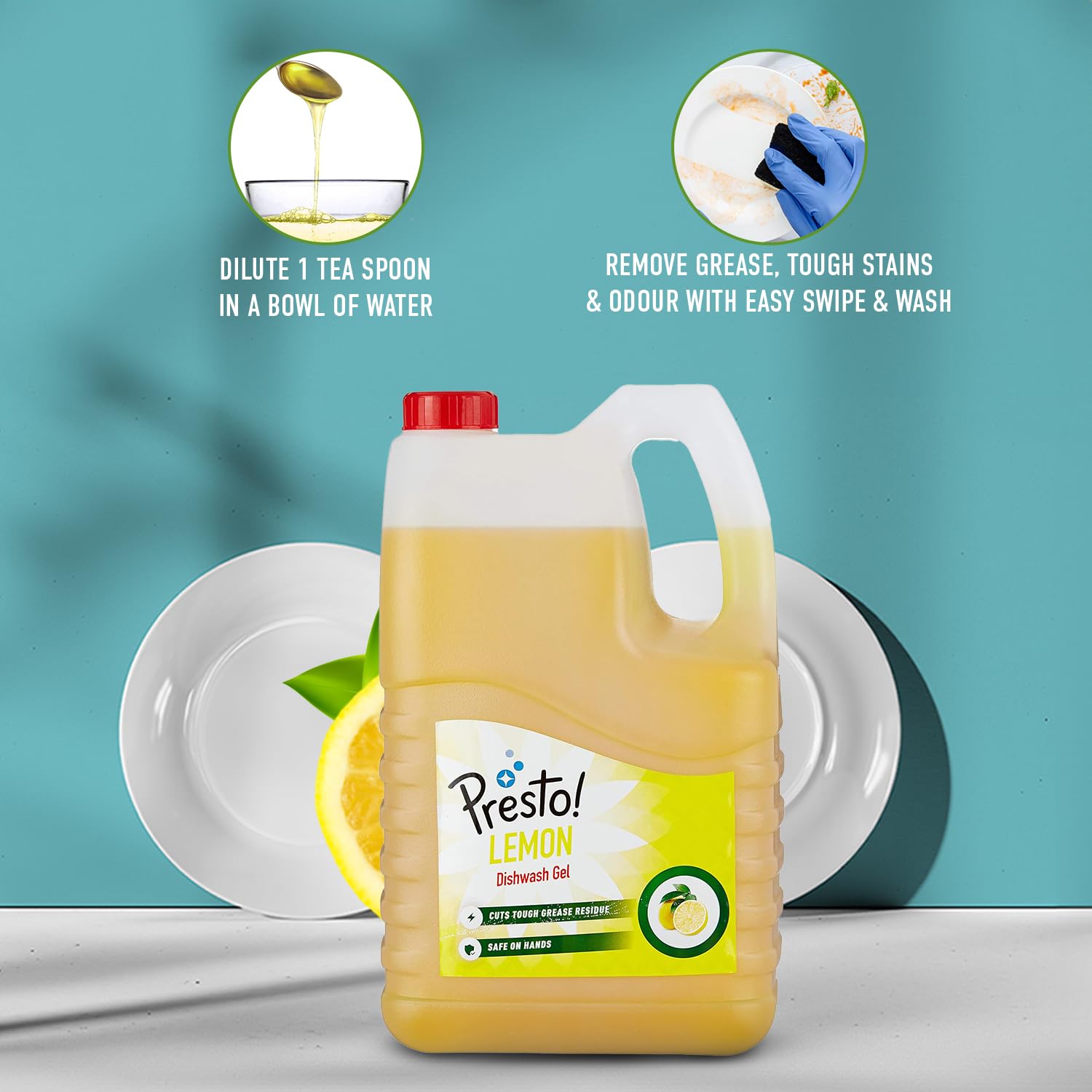 Amazon Brand - Presto! Dishwash Gel | Lemon | 5 Litre Refill Can | Dishwash Liquid | Cuts Through Grease | Safe On Hands