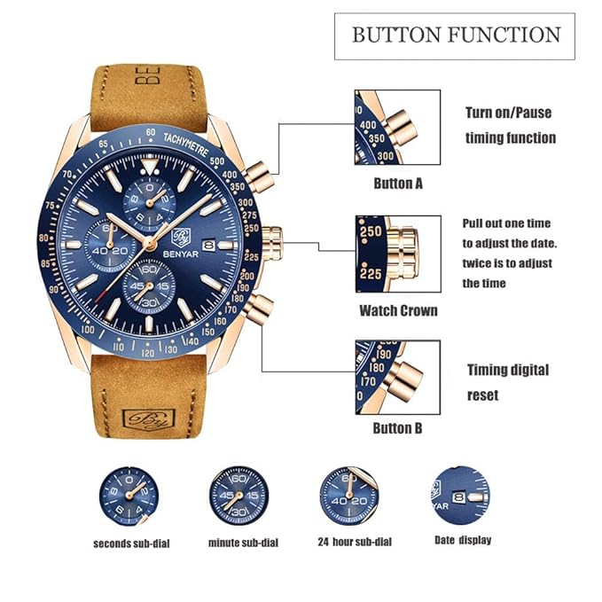 BENYAR Men's Luxury Chronograph Watch – Business, Casual | Quartz Movement with Date Display | Stylish Wristwatch | Gift for Men