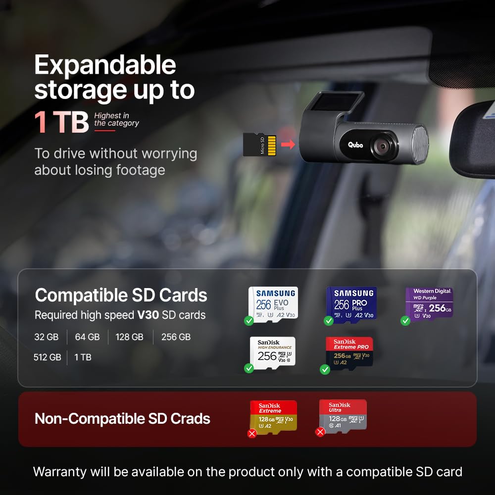 Qubo Car Dashcam Pro X by Hero Group | 3MP 1296P FHD+ Camera | NightPulse Vision | Wide-Angle FOV | Supercapacitor | Built-in Wi-Fi, Mic | App Control | G-Sensor | Up to 1TB Storage| (Space Grey)