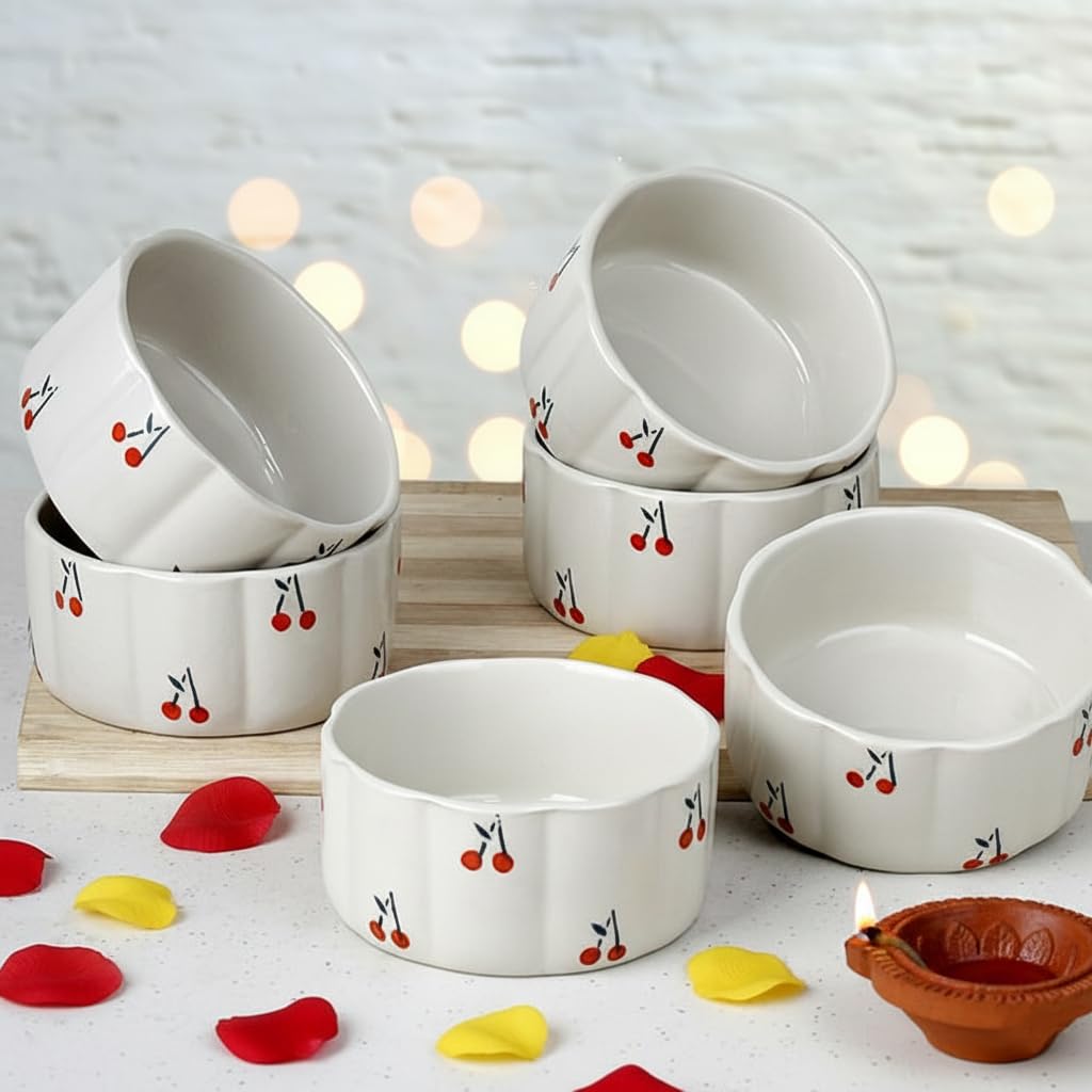 The Earth Store Glam Green Ceramic Bowl Set of 4, 250 ML Microwave & Dishwasher Safe Bowl Katori for Serving Snacks, Dal, Rice, Dessert | Perfect for Gifting and Daily Use