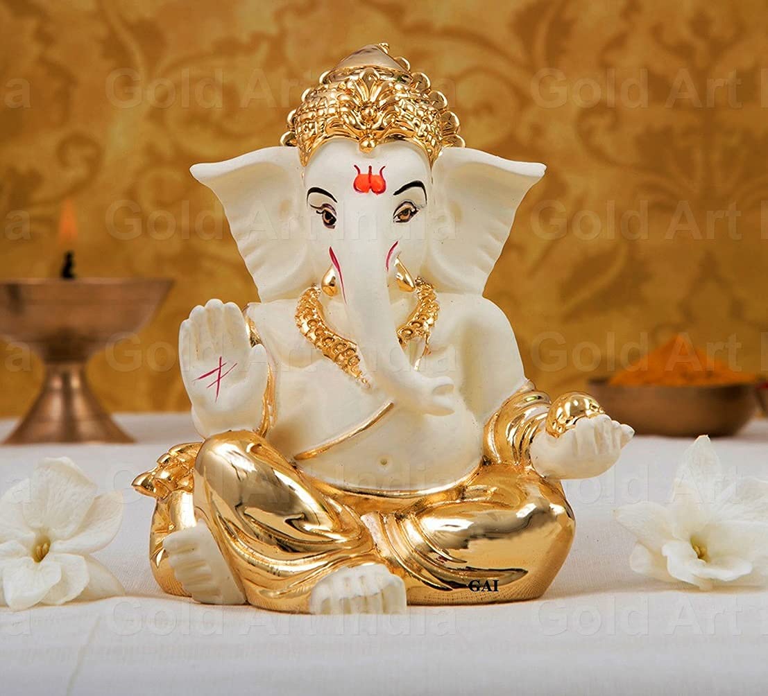 Gold Art India Gold and Silver Plated Matte Finish Ganesh Idol For Car Dashboard Ganesha Murti Ganpati Idol For Home Decor Puja Lord Ganesh Statue Gift For Office Desk Puja Room Figurine, 3 x 3 inches