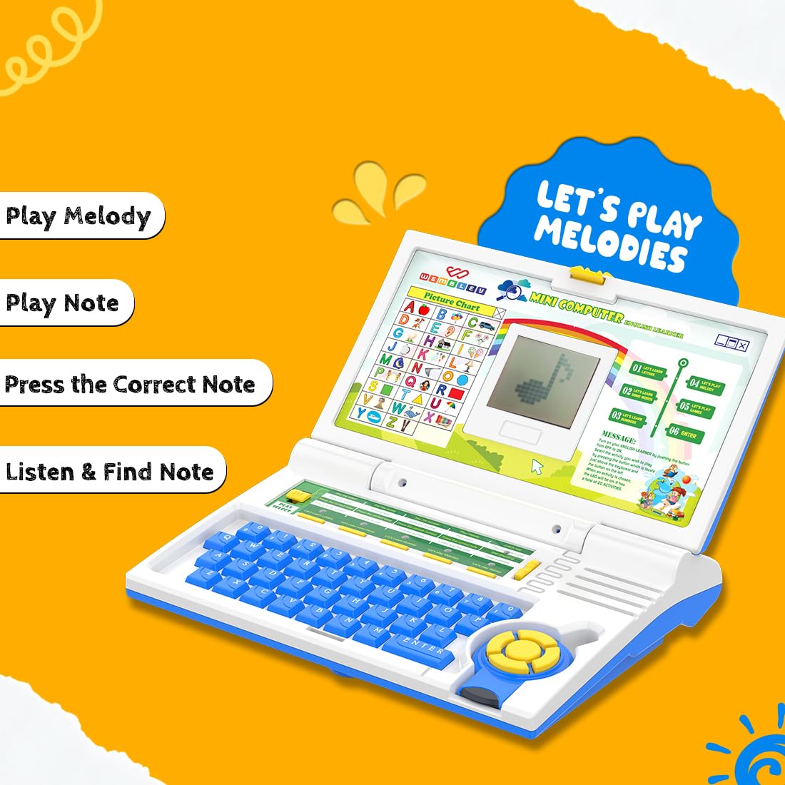 Wembley Educational Kids Laptop Learning Toy for 2-5 Years Boys Girls Computer Toys for 3 Years Fun Activity Learning Alphabet,Letter,Words,Games,Mathematics,Music,Logic Memory Tool - Blue