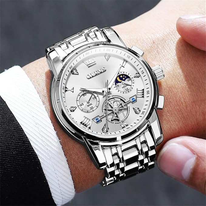 OLEVS Mens Chronograph Watch Gold Silver Stainless Steel Chain Quartz Wrist Watches Business Dress Waterproof Luminous Date Watch