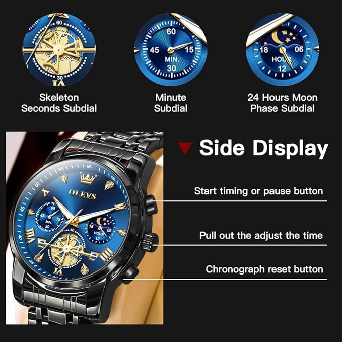 OLEVS Mens Chronograph Watch Gold Silver Stainless Steel Chain Quartz Wrist Watches Business Dress Waterproof Luminous Date Watch