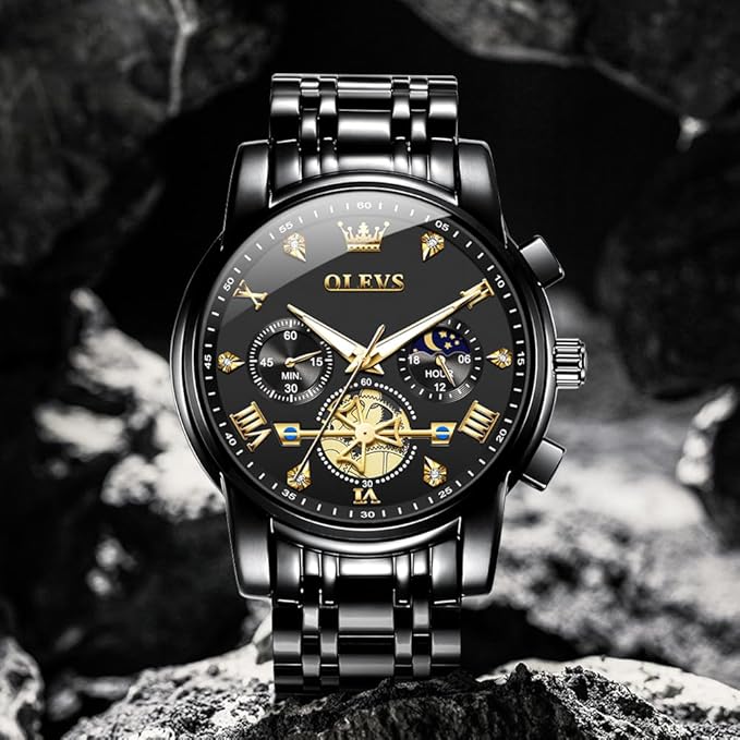 OLEVS Mens Chronograph Watch Gold Silver Stainless Steel Chain Quartz Wrist Watches Business Dress Waterproof Luminous Date Watch