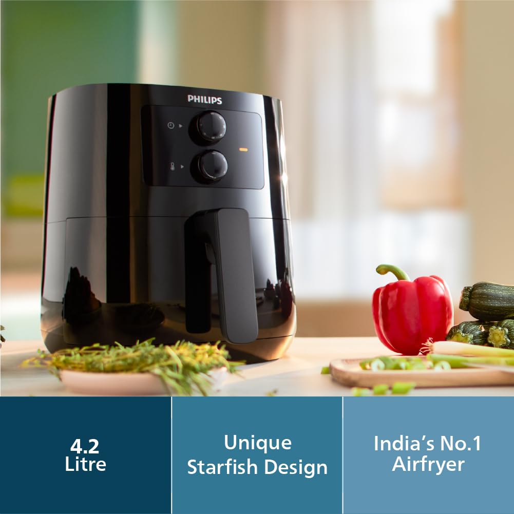 PHILIPS Air fryer for Home, 4.1 Liter, with RapidAir Technology (Black), with additional 1 Yr Warranty by Philips, uses up to 90% less fat (HD9200/90)