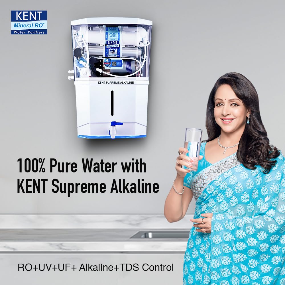 KENT Supreme Alkaline RO Water Purifier|RO+UV+UF+Alkaline+TDS Control+UV LED Tank |.0001 Micron RO Membrane|Auto flush feature|20LPH|Ideal for Borewell/Tanker/Municipal Water