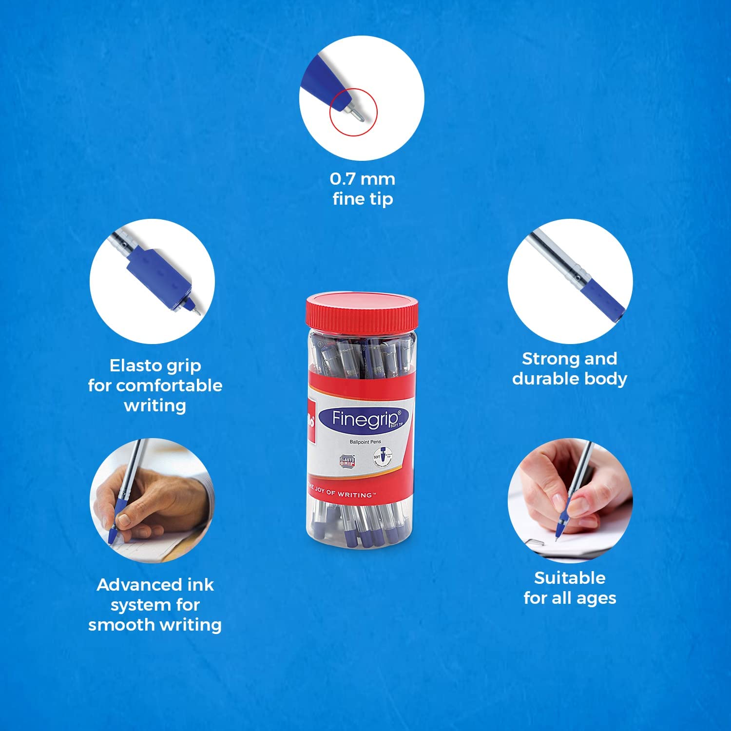 Cello Finegrip Ball Pen | Blue Ball Pens | Jar of 25 Units | Best Ball Pens for Smooth Writing | Ball Point Pen Set | Pens for Students and Professionals Stationery - Springkart 