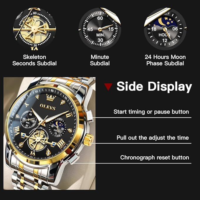 OLEVS Mens Chronograph Watch Gold Silver Stainless Steel Chain Quartz Wrist Watches Business Dress Waterproof Luminous Date Watch