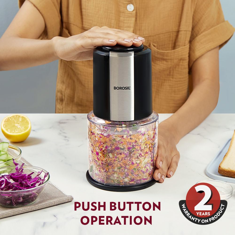 Borosil Chef Delite 300 Watts Electric Chopper for Kitchen, Twin Blade Technology, 600 ml 'chop-n-store' plastic bowl with lid, Vegetable Chopper, Cutter, Chop, Mince, Dice, Whisk, Blend - Springkart 