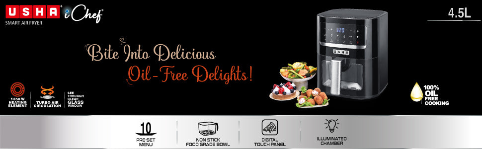 USHA Ichef Smart Air Fryer 4.5L,10 In 1 Functions10 Preset Menu|Digital Display&Touch Panel|Transparent Window|Illuminated Chamber|Turbo Air Circulation|Oil Free Cooking|Auto Pause/Start(Black),1350W :  Home & Kitchen
