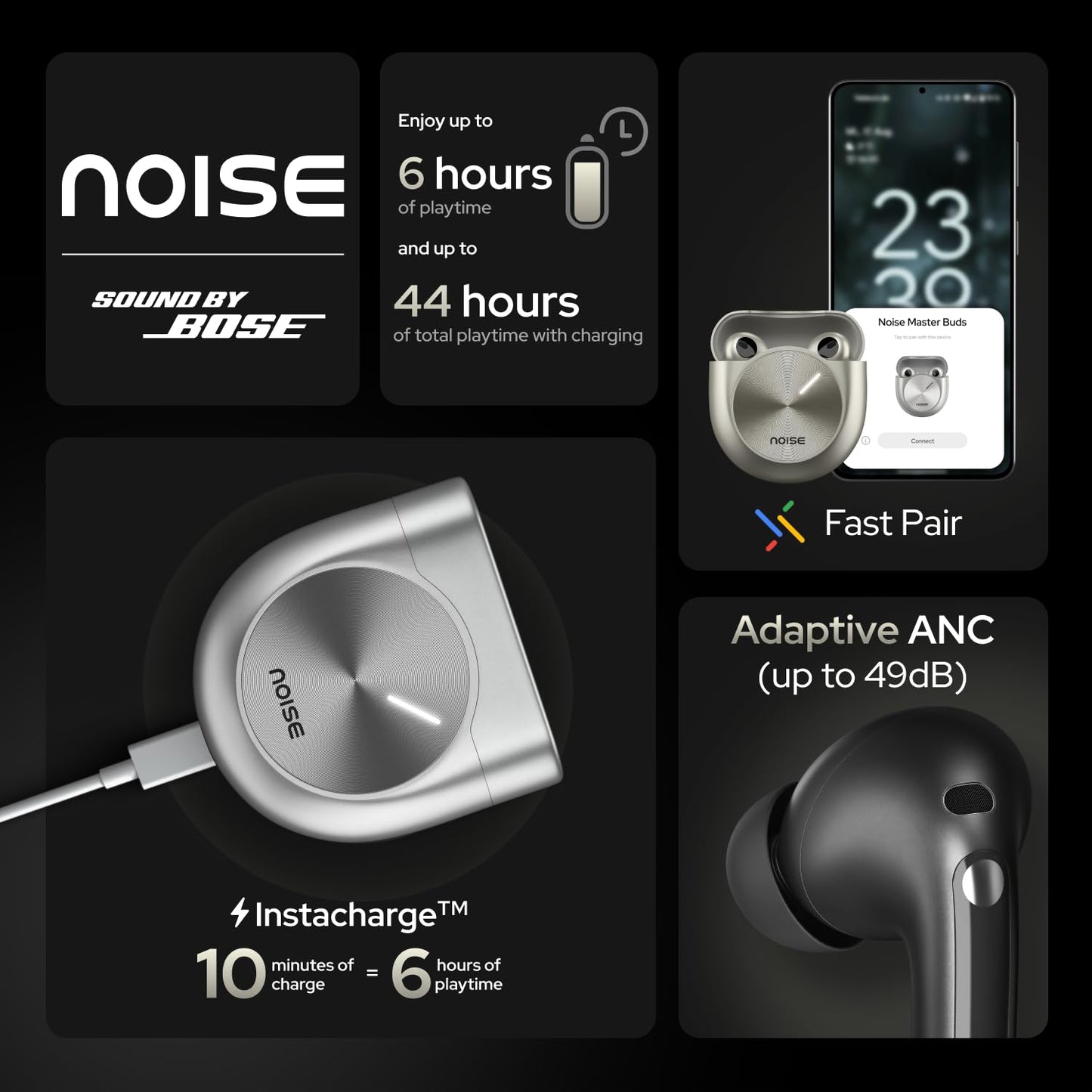 Noise Master Buds, Sound by Bose in-Ear Bluetooth Earbuds, Up to 49dB Adaptive ANC, LHDC 5.0, Immersive Spatial Audio, 44H Playtime with 6 mic ENC, Dual Pairing, IPX5 Ear Buds TWS (Onyx)