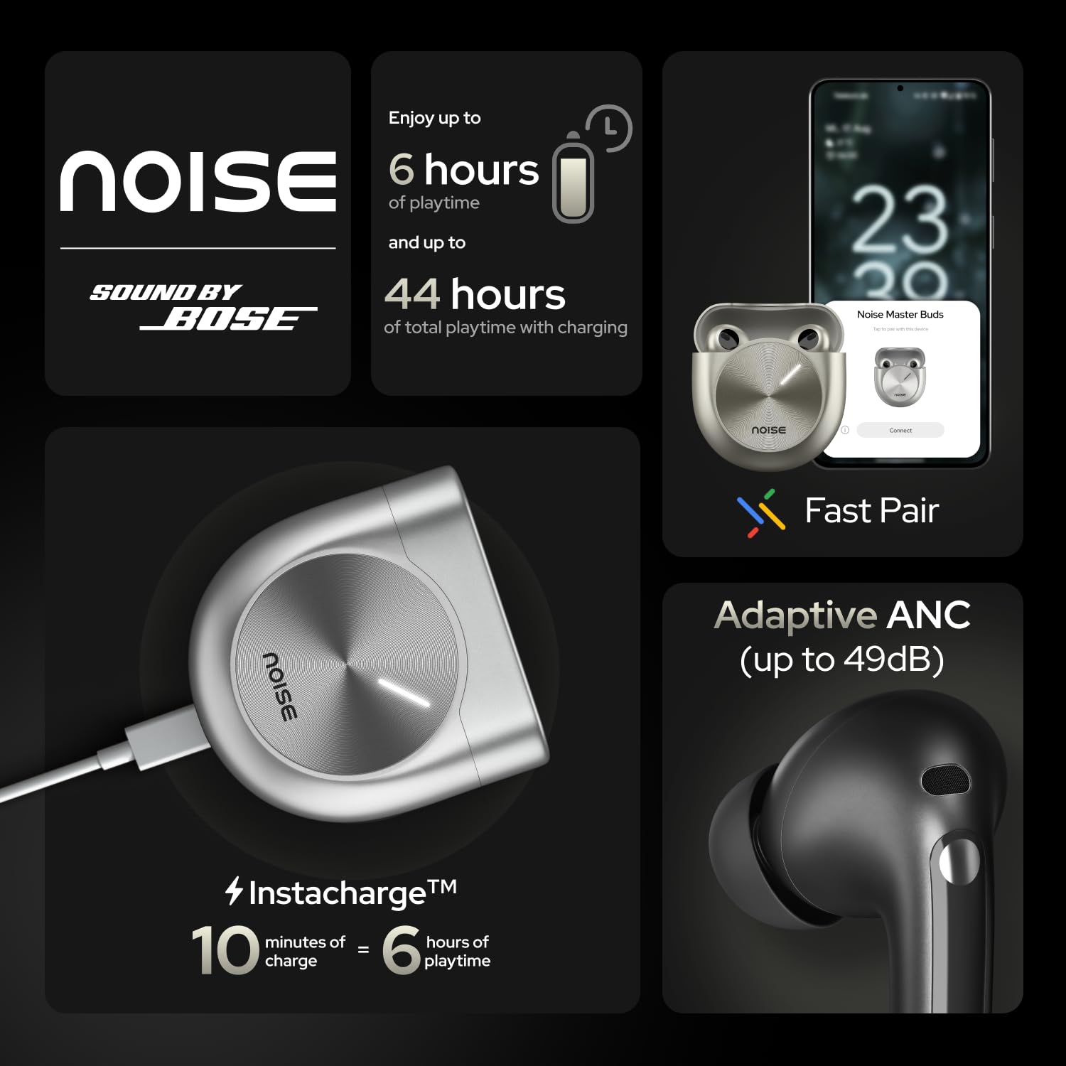 Noise Master Buds, Sound by Bose in-Ear Bluetooth Earbuds, Up to 49dB Adaptive ANC, LHDC 5.0, Immersive Spatial Audio, 44H Playtime with 6 mic ENC, Dual Pairing, IPX5 Ear Buds TWS (Onyx)