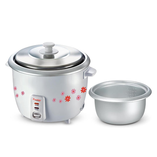 Prestige PRWO 1.8-2 Electric Rice Cooker| 2 Aluminium Cooking Pans | Stainless Steel Lid | Grey/White | Cool Touch Handles | Detachable Power Cord | 700- Watt|1.8 Litres