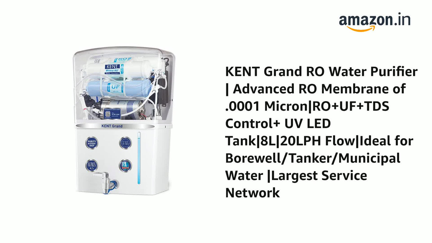 KENT Grand RO Water Purifier | Advanced RO Tech for Sabse Shudh Paani | RO+UF+TDS Control + UV LED Tank | 8L | 20LPH Flow | Ideal for Borewell/Tanker/Municipal Water | Largest Service Network : Amazon.in: Home & Kitchen