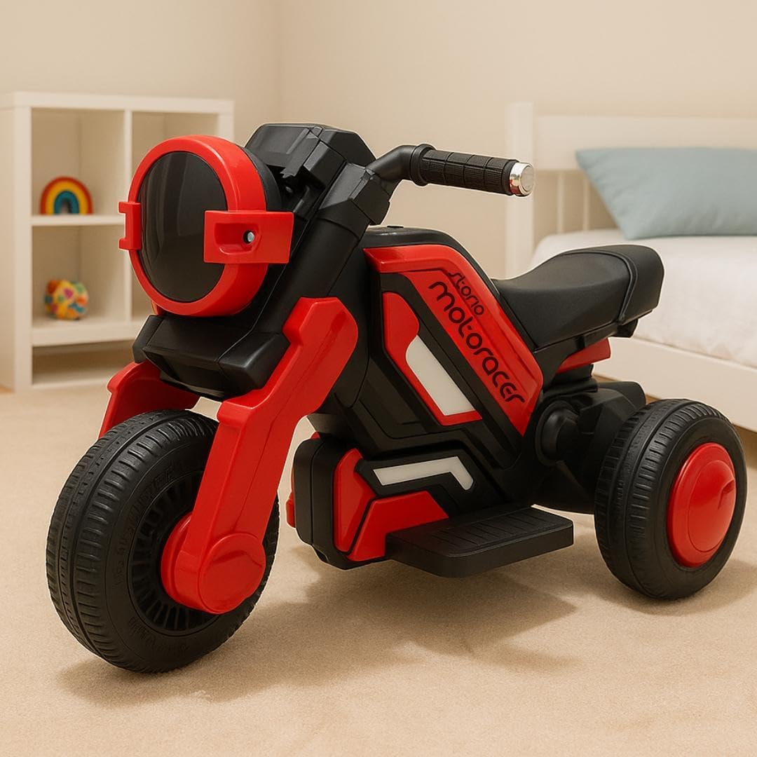 Storio Red Battery Ride-on Bike for Kids – Electric Motorcycle with Support Wheels, Music, LED Lights, Headlight, Rechargeable Battery, Smooth Ride.