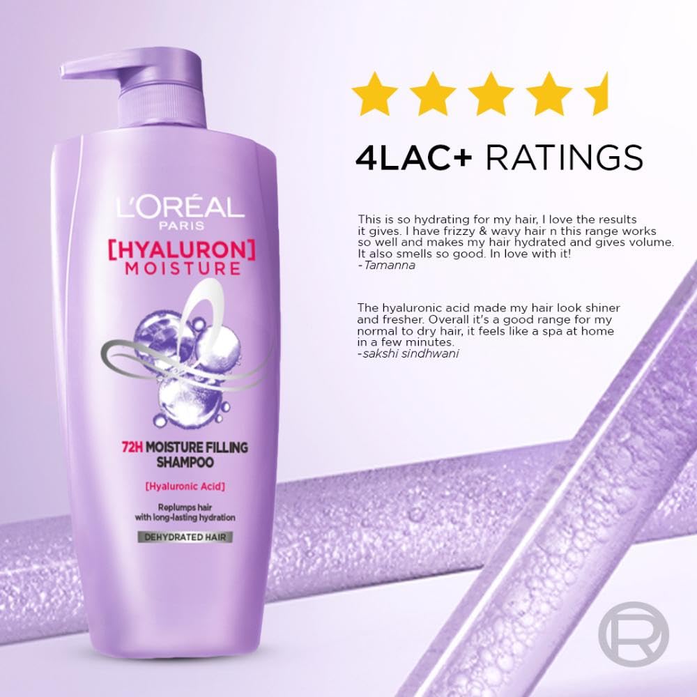 L'Oreal Paris Hyaluron Moisture 72HR Moisture Filling Shampoo powered by Hyaluronic Acid, for Frizz-free, Hydrated and Bouncy Hair Full of Life | 650 ml - Springkart 