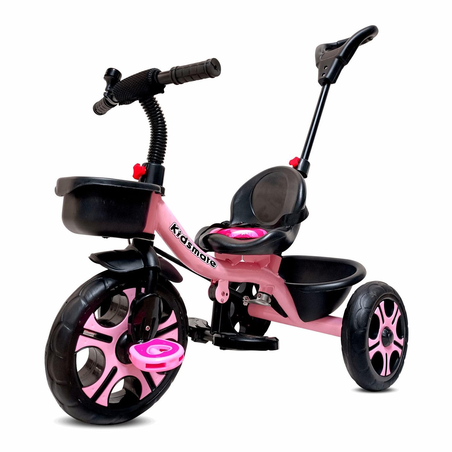 Kidsmate Junior Tricycle for Kids with Parental Control | Cycle for Kids 1-4 Years | Baby Cycle | Bicycle for Kids with Storage Basket, Cushion Seat and Seat Belt Carrying Capacity 30 Kgs (Pink) - Springkart 