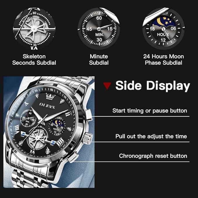 OLEVS Mens Chronograph Watch Gold Silver Stainless Steel Chain Quartz Wrist Watches Business Dress Waterproof Luminous Date Watch