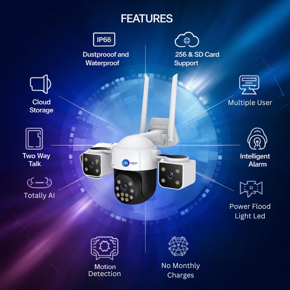 Maizic Smarthome Batman 4G Sim Based 6MP HD 3in1 Screen View CCTV Camera, Outdoor Indoor Home Security Camera, 2 Way Talk, Motion Detection, Color Night Vision, 2 Side Camera Horizontally Rotate 180°