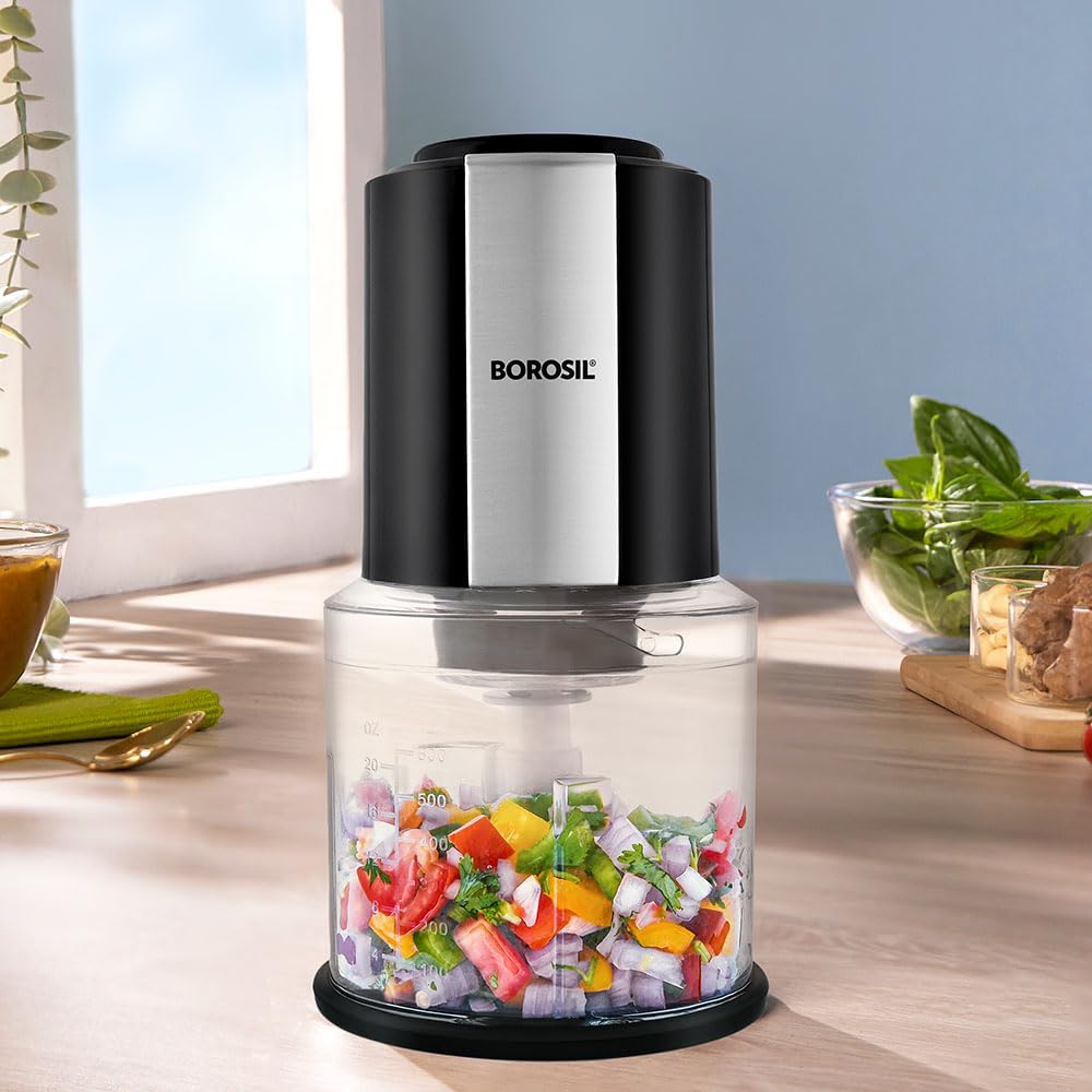 Borosil Chef Delite 300 Watts Electric Chopper for Kitchen, Twin Blade Technology, 600 ml 'chop-n-store' plastic bowl with lid, Vegetable Chopper, Cutter, Chop, Mince, Dice, Whisk, Blend - Springkart 