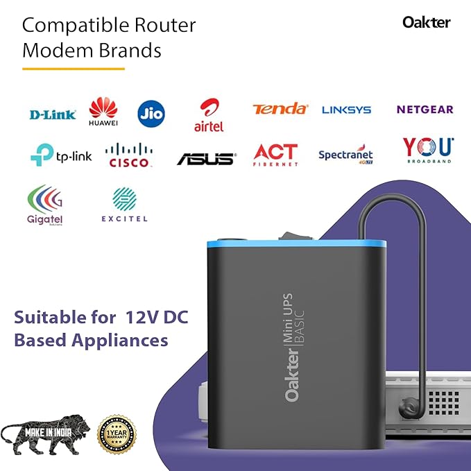 Oakter Mini UPS Basic for WiFi Router Broadband Modem | Supports 12V-2A Routers. Backup Upto 3 Hours | WiFi Router UPS Power Backup During Power Cuts| Current Surge & Deep Discharge Protection
