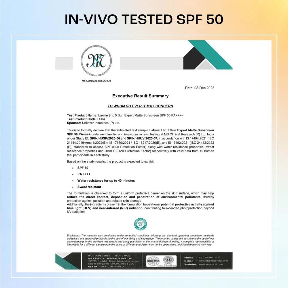 Lakme Sunscreen For Bright Skin, SPF 50 PA++++, Water Light, Niacinamide, In Vivo Tested, 100 ml