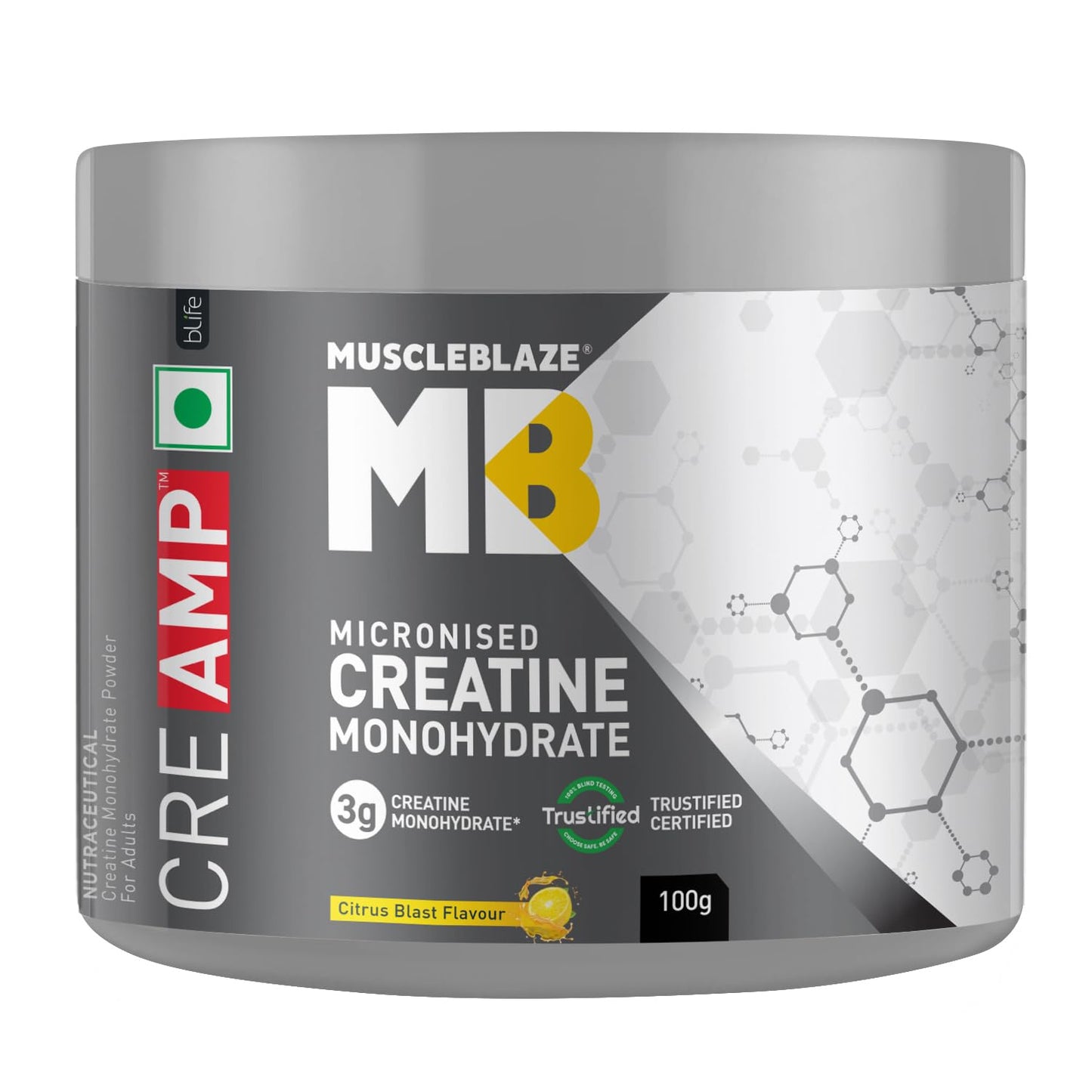 MuscleBlaze Micronised Creatine Monohydrate CreAMP Powder, Unflavoured (32 Servings, 100g) | Trustified Certified Creatine