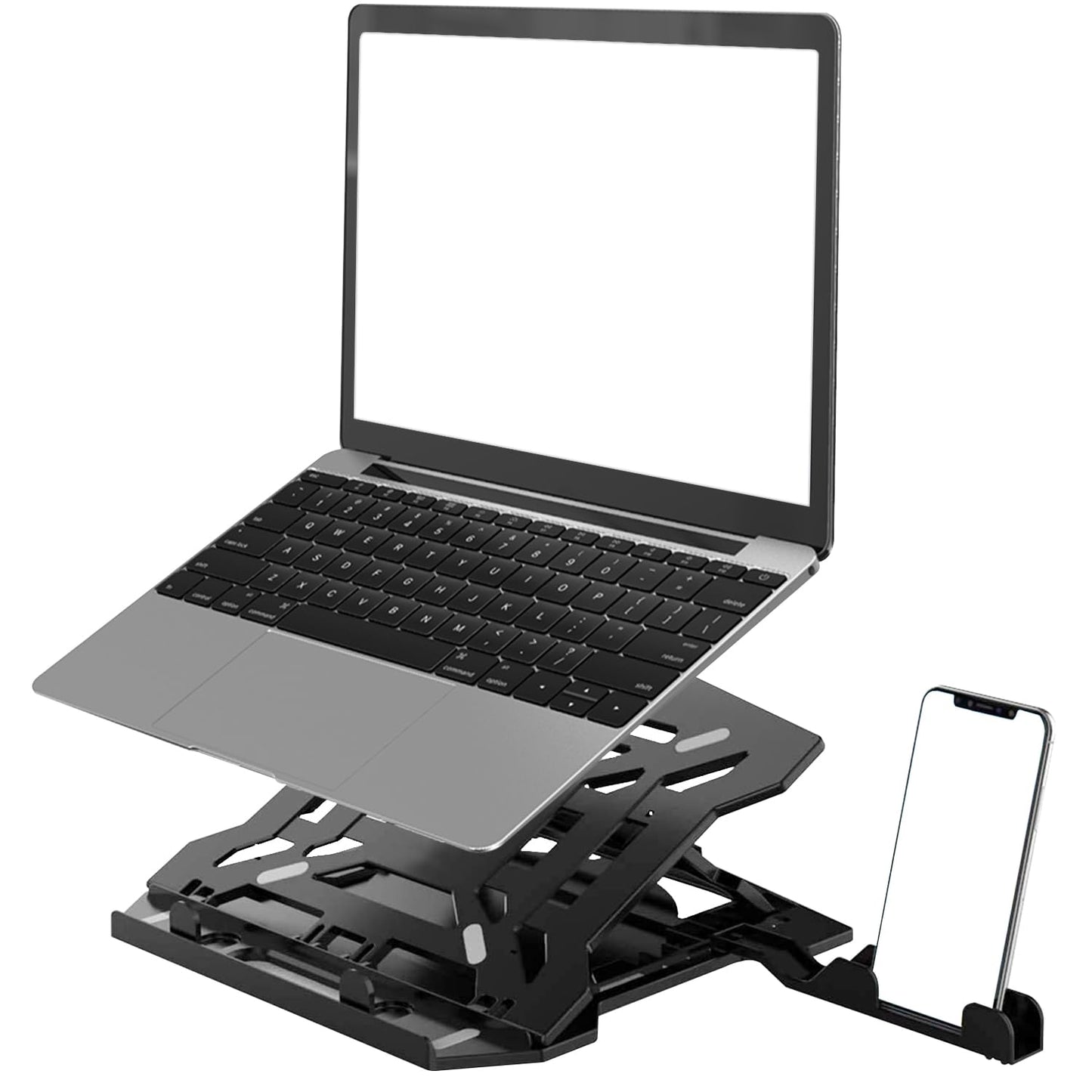 AmazonBasics 2-in-1 Laptop and Mobile Stand, Ergonomic, Adjustable Height, Anti-Slip Base, Heat Dissipation, Portable, Lightweight, Compatible with All Laptops Up to 15.6" (Abs, Black) - Springkart 