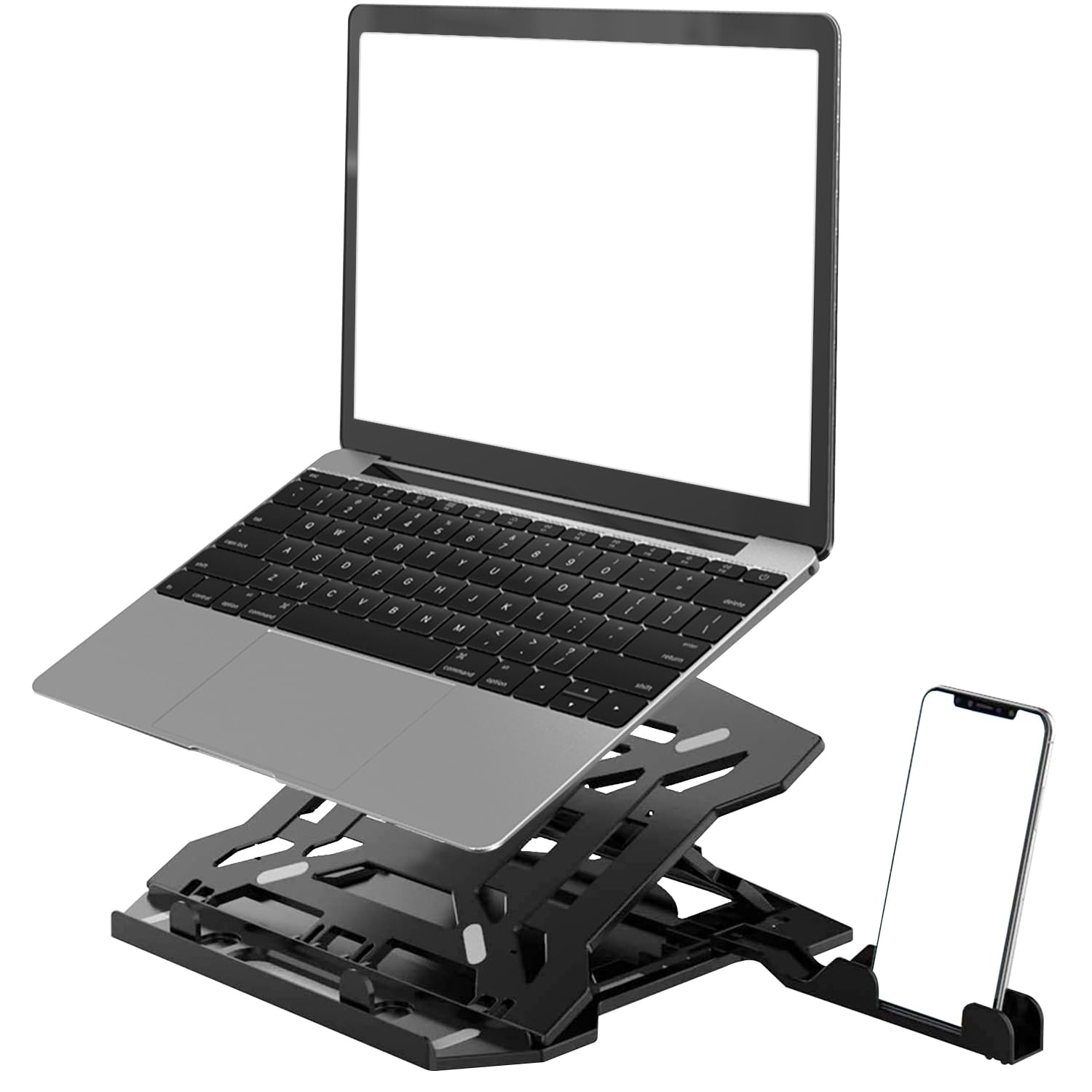 AmazonBasics 2-in-1 Laptop and Mobile Stand, Ergonomic, Adjustable Height, Anti-Slip Base, Heat Dissipation, Portable, Lightweight, Compatible with All Laptops Up to 15.6" (Abs, Black) - Springkart 