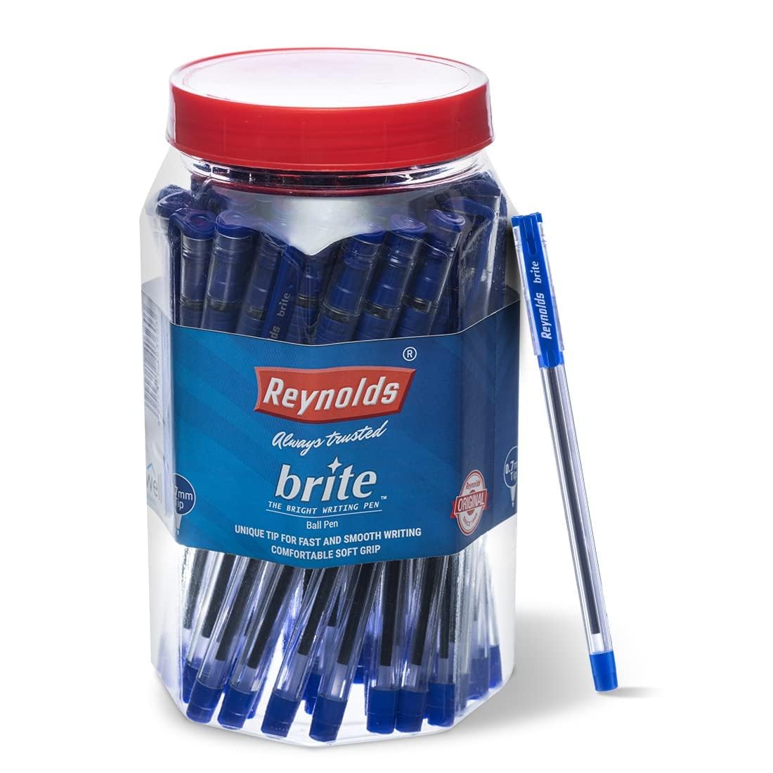 Reynolds BRITE Ball Pen SET - 25 BLUE PENS WITH COMFORTABLE GRIP | BALL PENS FOR WRITING | PEN FOR STUDENTS & OFFICE STATIONERY | 0.7 mm TIP SIZE - Springkart 