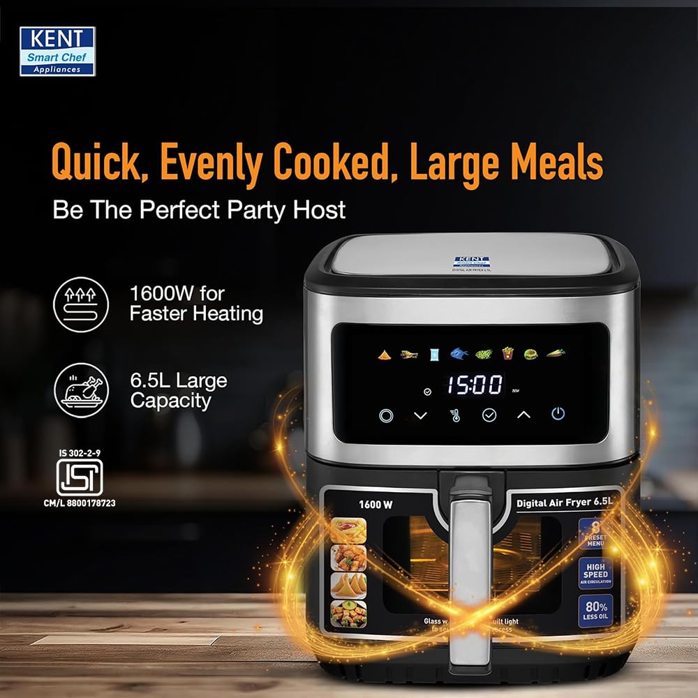 KENT Digital Air Fryer 6.5L,1600W,Bake,Grill & Roast,Up To 80% Less Oil Usage,Rapid Heat Circulation,8 Preset Menu,Digital Display & Touch Control Panel,Glass Window With In Built Light,Black