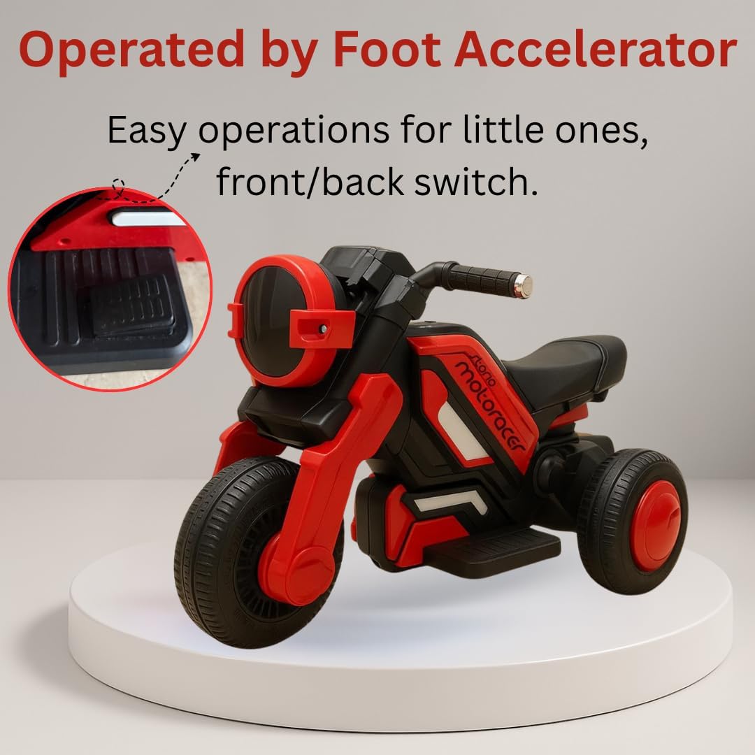 Storio Red Battery Ride-on Bike for Kids – Electric Motorcycle with Support Wheels, Music, LED Lights, Headlight, Rechargeable Battery, Smooth Ride.