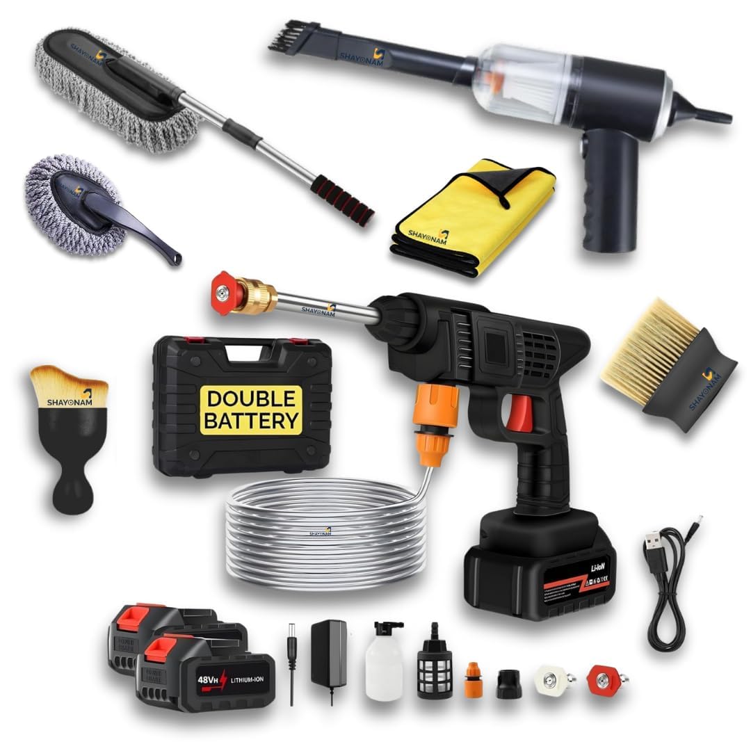 SHAYONAM (Double Battery)Wireless High Pressure Car Washer & Car Cleaning 48V Rechargeable Electric Pressure Washer Gun Machine Tool for Car,Bike,Gardening with Adjustable 3in1 Nozzle&5M Hose Pipe-(1)