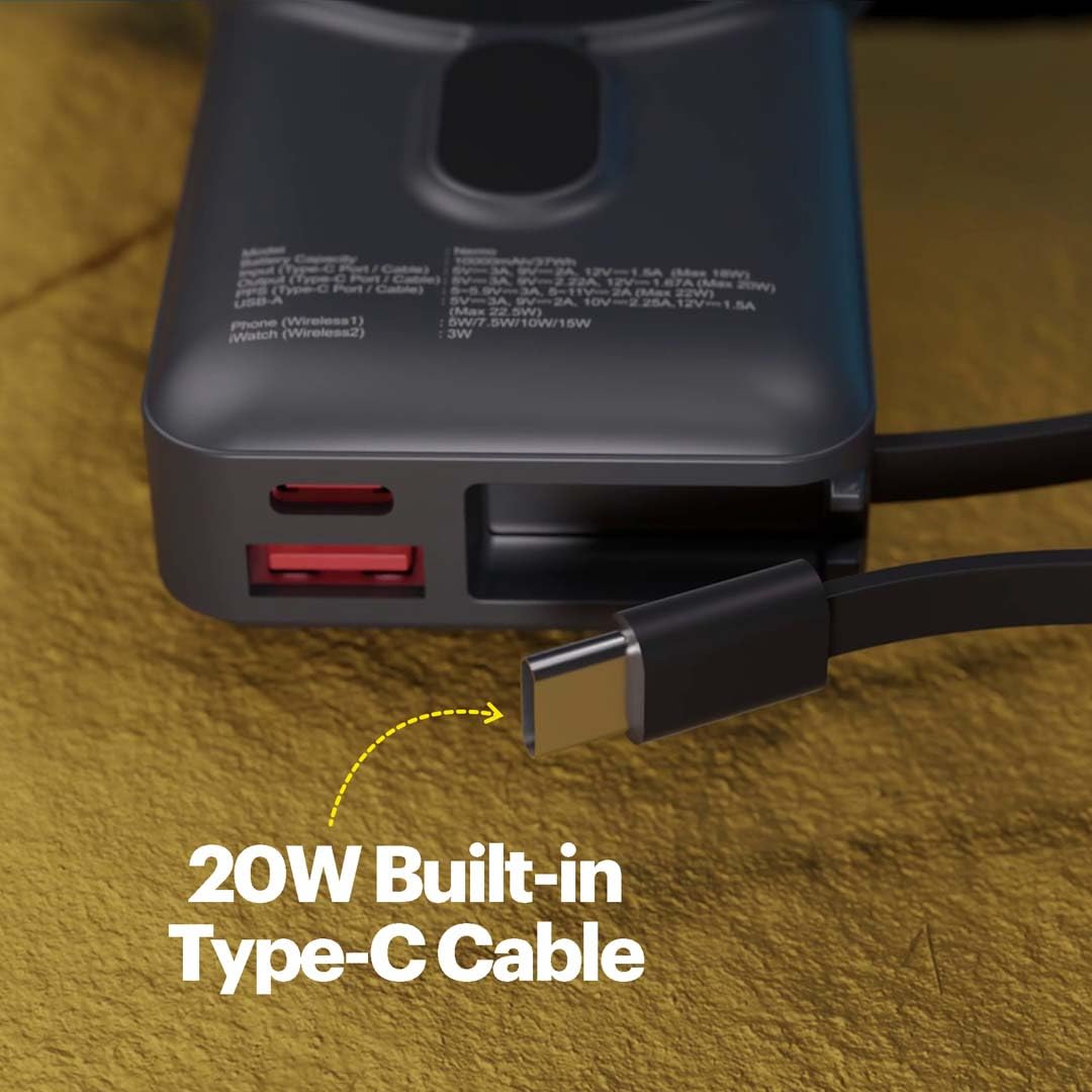 Stuffcool Nemo 10000mAh Compact Magnetic Wireless Charging Power Bank up to 15W for iPhone 20W Built-in Type-C Cable 22.5W USB-A Fast Charging Digital Display BIS CE RoHS Made in India