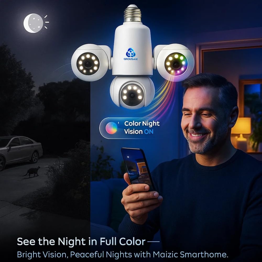 Trion Bulb 5MP*3 FHD Triple Lens WiFi CCTV Camera | Manual Side Rotation | 360° View | Color Night Vision | AI Human Detection | Two-Way Audio | Indoor Security | TF Card Support