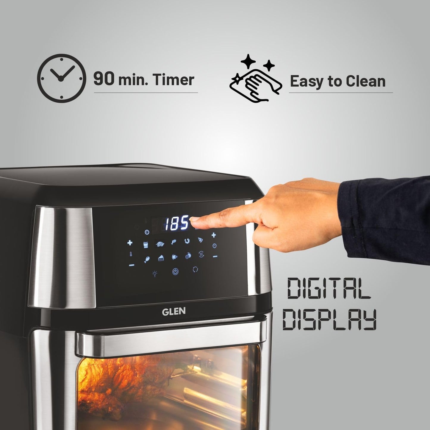 Glen 12 Litre Digital Air Fryer Oven for Home, 1800W, 10 Preset Function, Rotisserie, Digital Display & Controls, Airfryer to Dehydrate, Defrost, Bake, Roast, Toast with Less Oil -Black (SA-3046DSS)