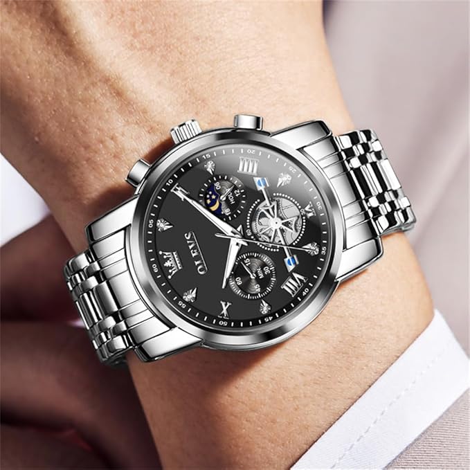 OLEVS Mens Chronograph Watch Gold Silver Stainless Steel Chain Quartz Wrist Watches Business Dress Waterproof Luminous Date Watch
