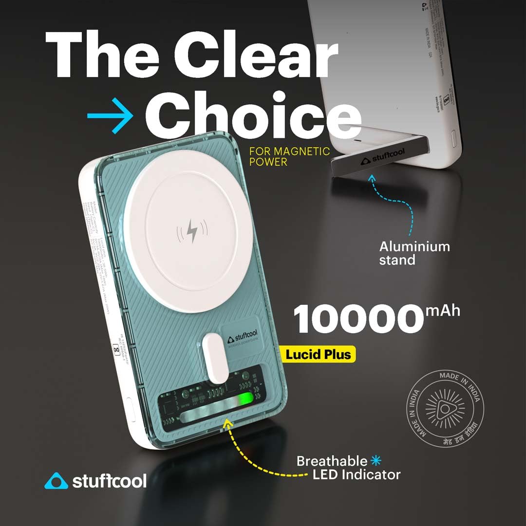 Stuffcool Lucid Plus 15W, 10000mAh Magnetic Wireless Powerbank with Stand for AirPods Pro, iPhone 12/13/14/15/16, Flagship Android and 20W Fast Wired Charging